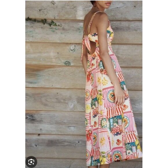 Zara Patchwork Linen Blend Midi Dress XS Open Back Trattoria Italy Pasta Lemon - Picture 3 of 16